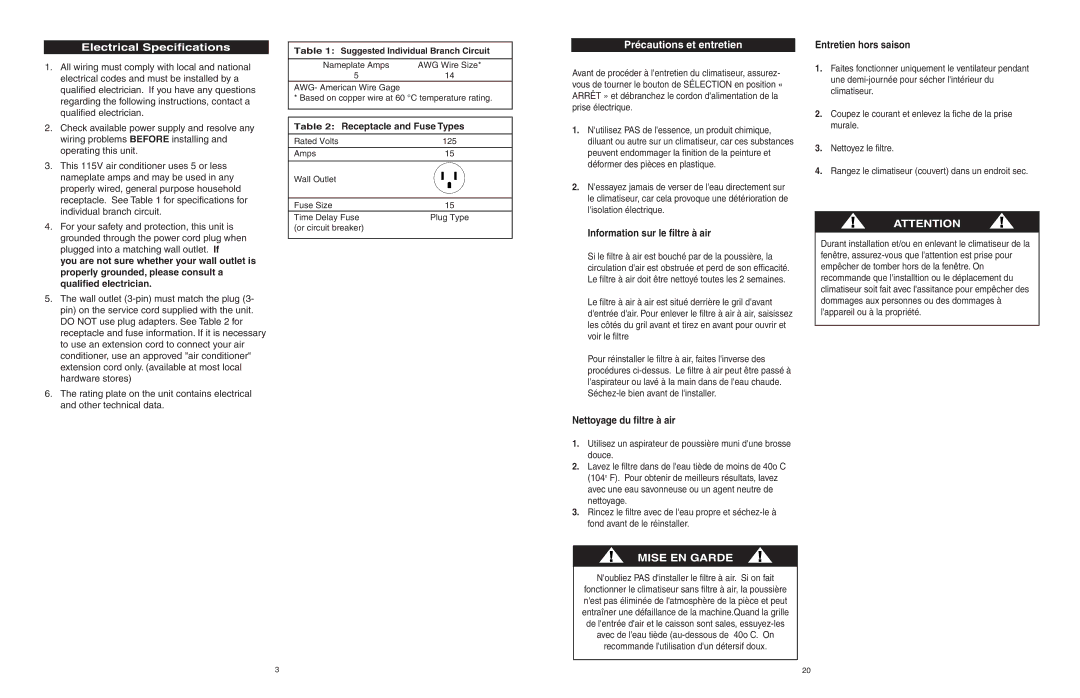 Danby AAC5246DE Electrical Specifications, Précautions et entretien, Receptacle and Fuse Types, Nettoyage du filtre à air 