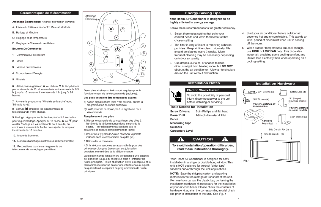 Danby AAC5246DE Energy-Saving Tips, Installation Notes, Installation Hardware, Caractéristiques de télécommande 