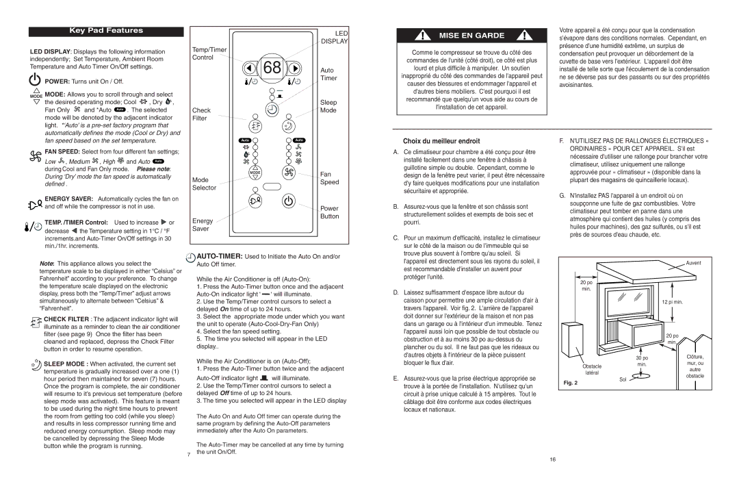 Danby AAC5246DE manuel dutilisation Key Pad Features, Choix du meilleur endroit, TEMP. /TIMER Control Used to increase or 