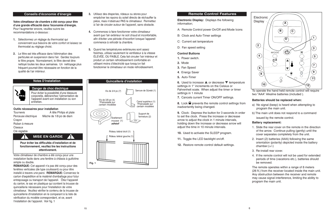 Danby AAC5246DE Remote Control Features, Conseils déconomie dénergie, Electronic Display, Quincaillerie dinstallation 