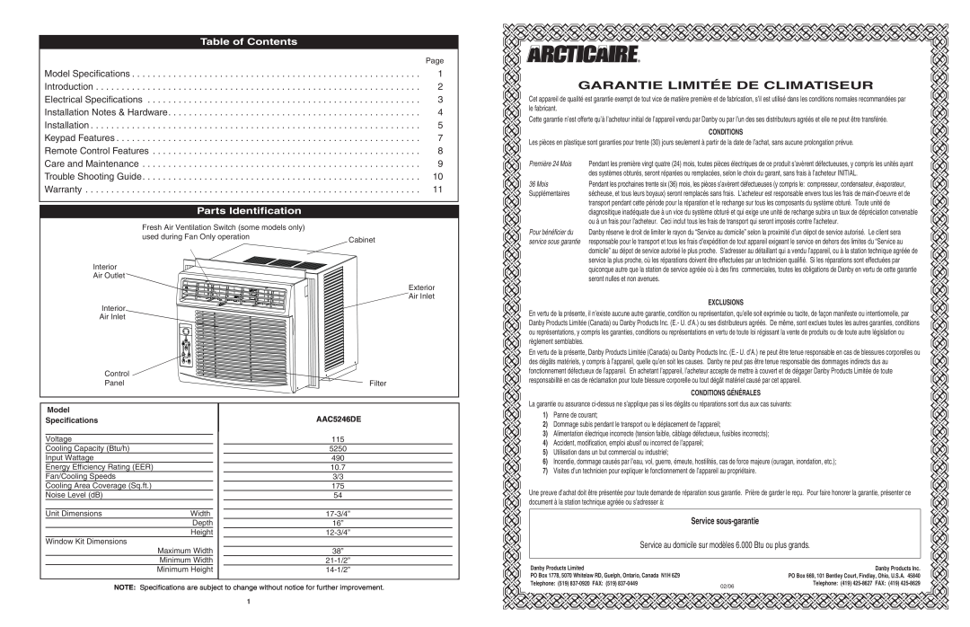 Danby AAC5246DE Garantie Limitée De Climatiseur, Table of Contents, Parts Identification, Model Specifications, Warranty 