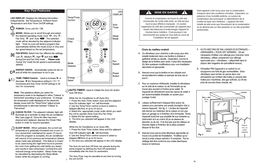 Danby AAC5246DE manuel dutilisation Key Pad Features, Mise En Garde, Choix du meilleur endroit 