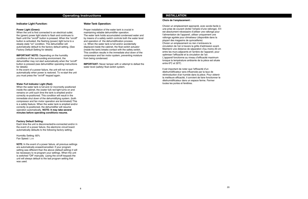 Danby ADR4066, ADR3006 owner manual Operating Instructions, Indicator Light Function, Water Tank Operation 