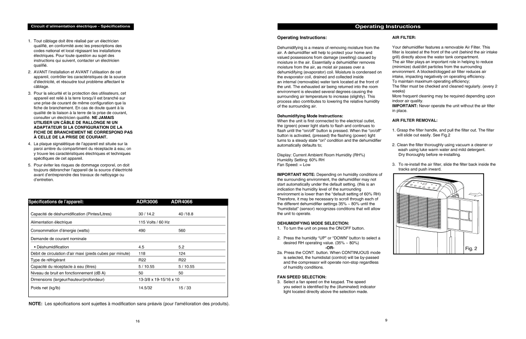 Danby ADR3006, ADR4066 Operating Instructions, Dehumidifying Mode Selection, FAN Speed Selection, AIR Filter Removal 