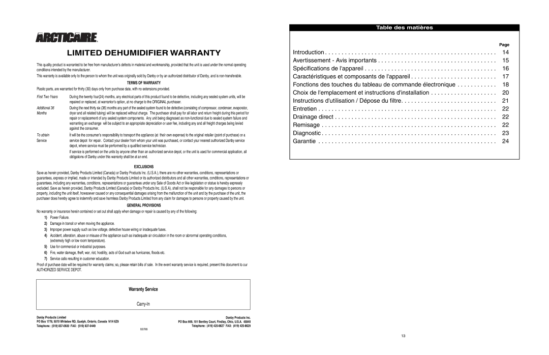 Danby ADR4066, ADR3006 owner manual Table des matières, Warranty Service 