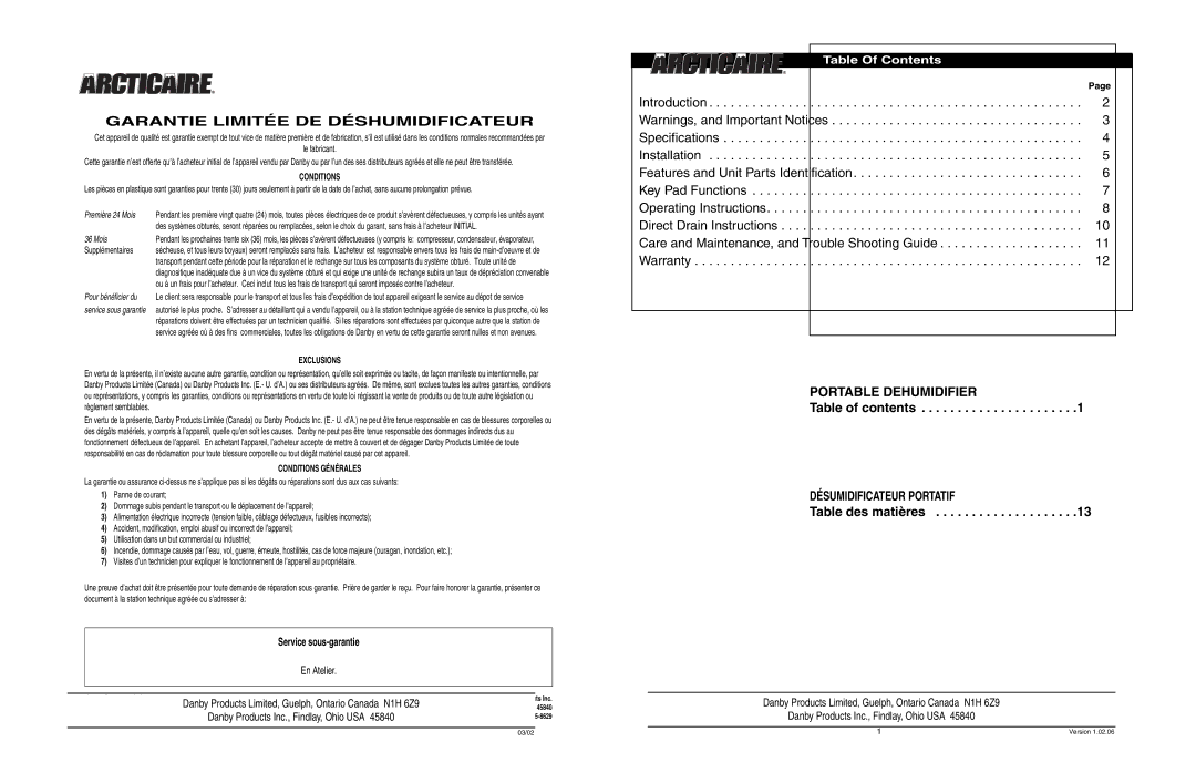 Danby ADR3006, ADR4066 owner manual Garantie Limitée DE Déshumidificateur, Table Of Contents 