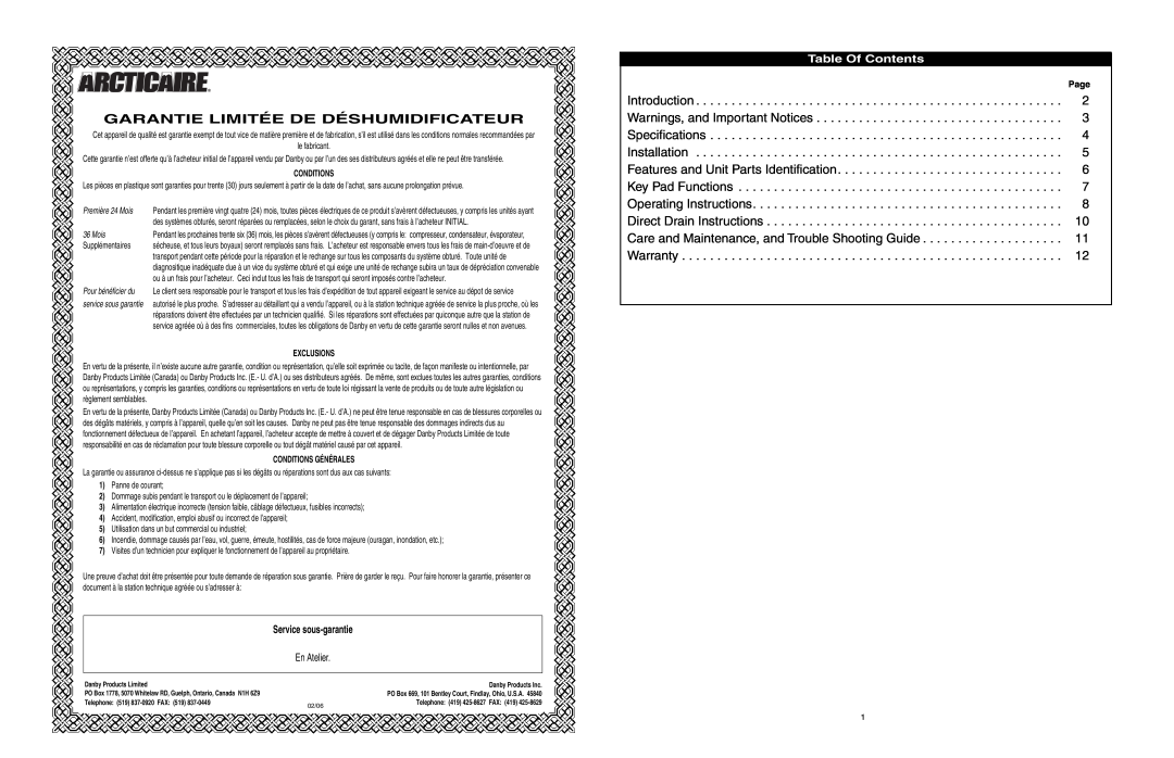 Danby ADR3006, ADR4066 owner manual Table Of Contents, Garantie Limitée De Déshumidificateur 