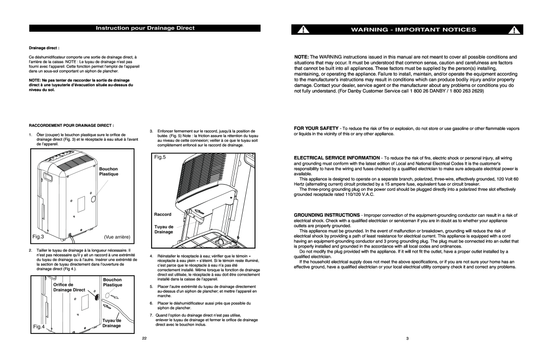 Danby ADR3006 Warning - Important Notices, Instruction pour Drainage Direct, Bouchon Plastique Raccord Tuyau de Drainage 