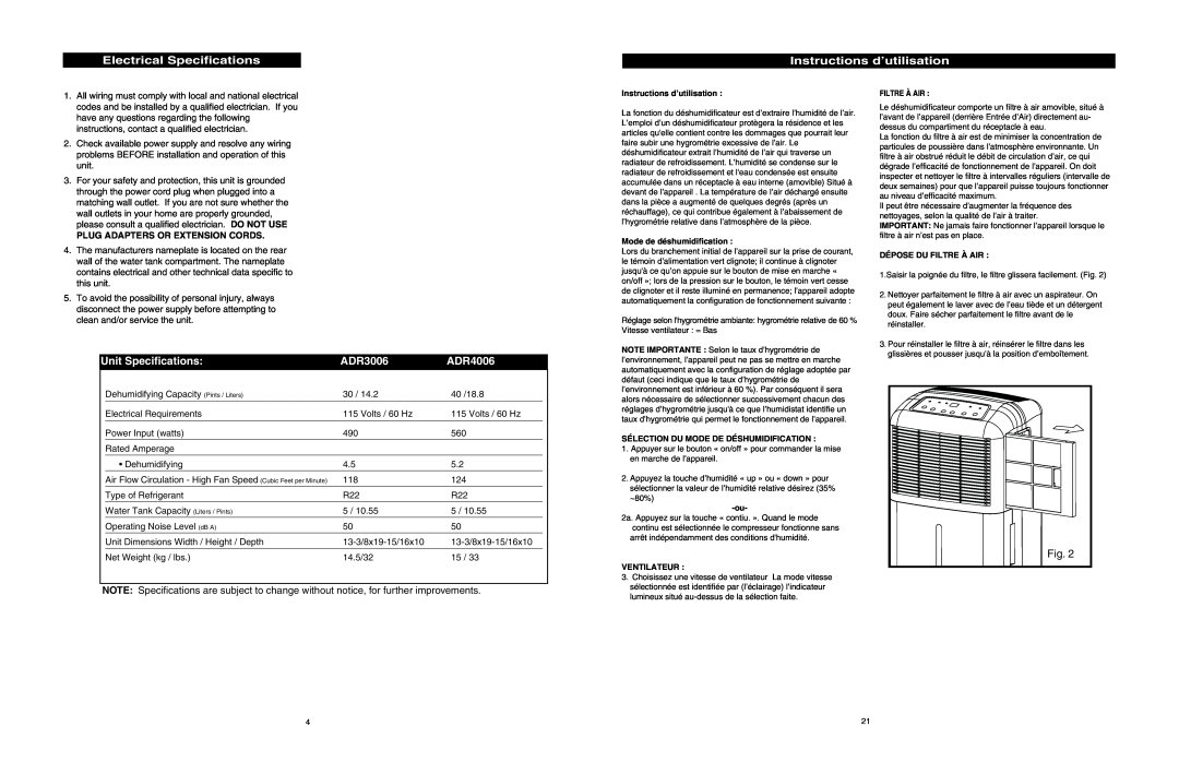 Danby ADR4066 owner manual Electrical Specifications, Instructions d’utilisation, Unit Specifications, ADR3006, ADR4006 