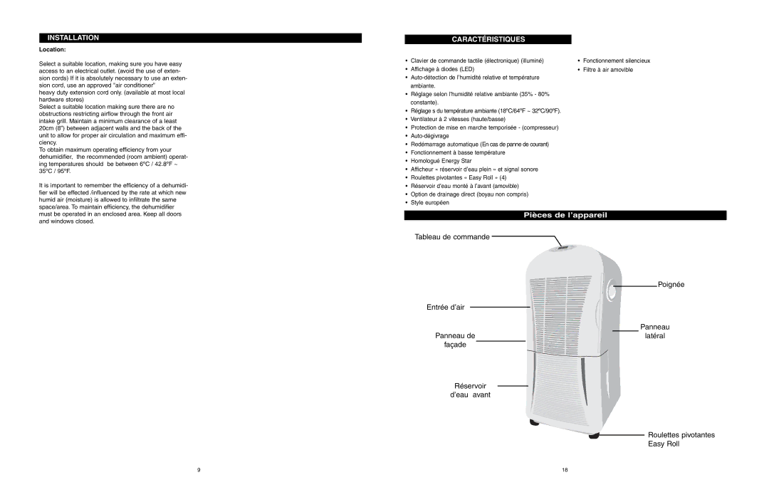 Danby ADR556RH owner manual Pièces de l’appareil, Caractéristiques, Location 