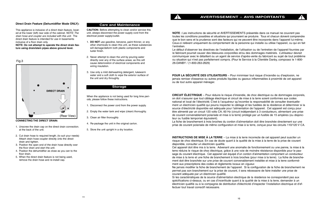 Danby ADR556RH owner manual Storage, Direct Drain Feature Dehumidifier Mode only, Connecting the Direct Drain 