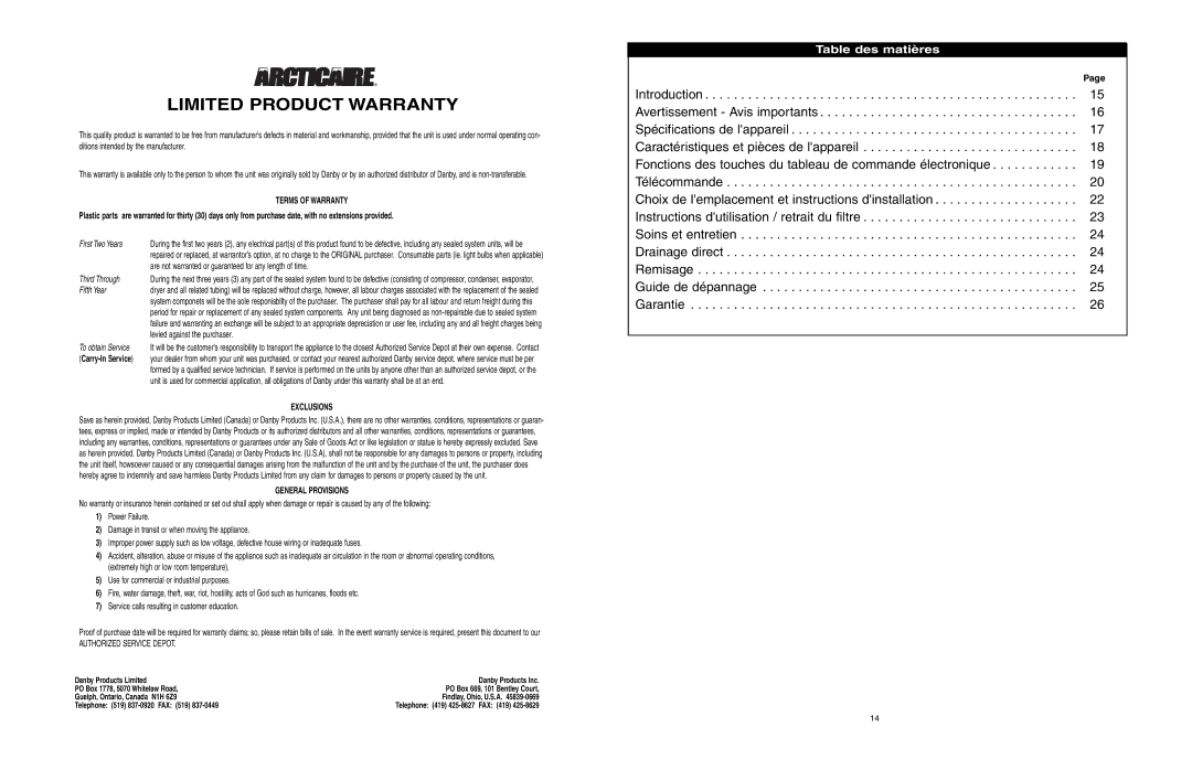 Danby ADR556RH owner manual Limited Product Warranty, Table des matières 