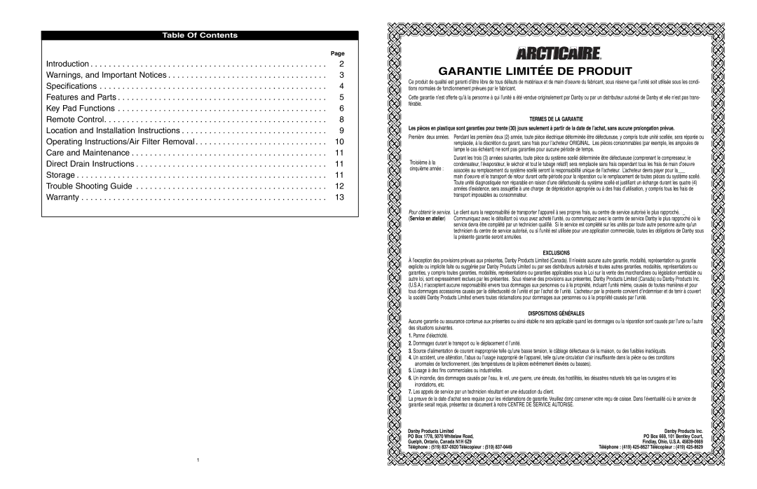 Danby ADR556RH owner manual Garantie Limitée DE Produit, Table Of Contents 