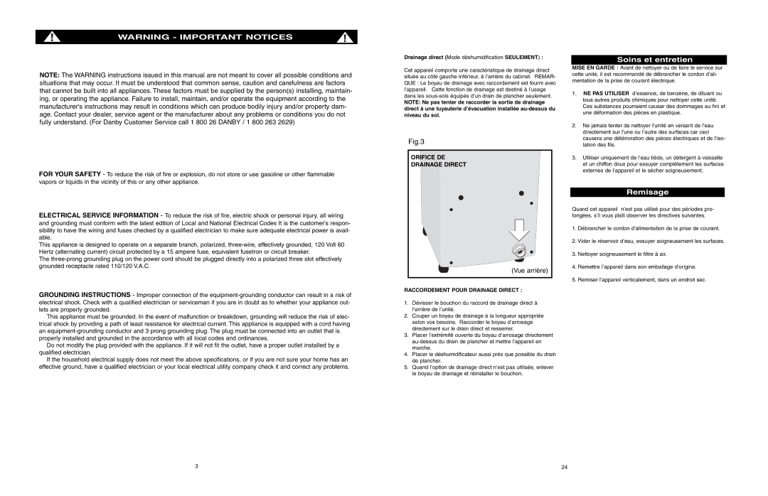 Danby ADR556RH owner manual Soins et entretien, Remisage, Orifice DE Drainage Direct 