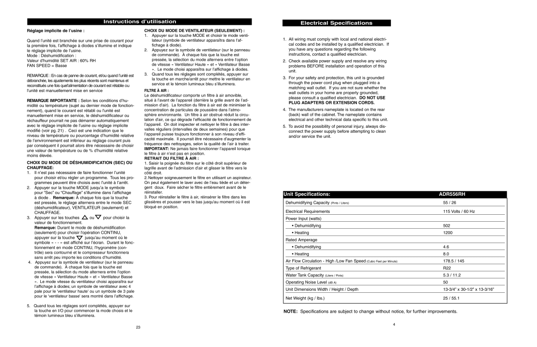 Danby ADR556RH owner manual Instructions d’utilisation Electrical Specifications, Réglage implicite de l’usine 