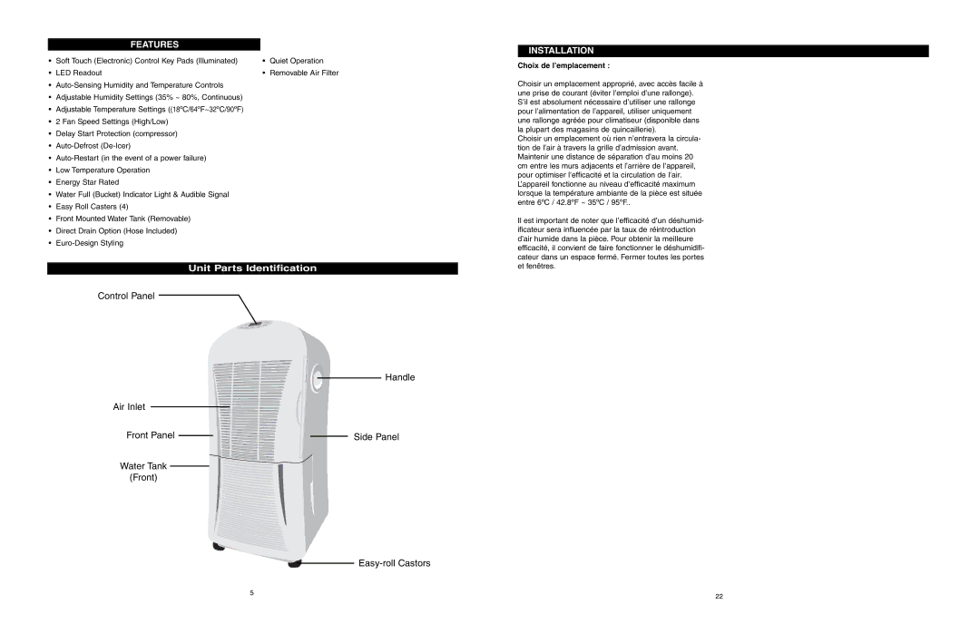 Danby ADR556RH owner manual Unit Parts Identification, Features, Installation, Choix de l’emplacement 