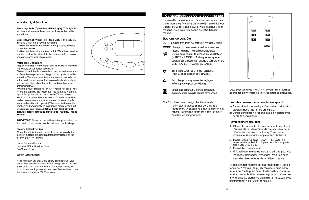 Danby ADR556RH Caractéristiques de télécommande, Indicator Light Function, Les piles devraient être remplacées quand 