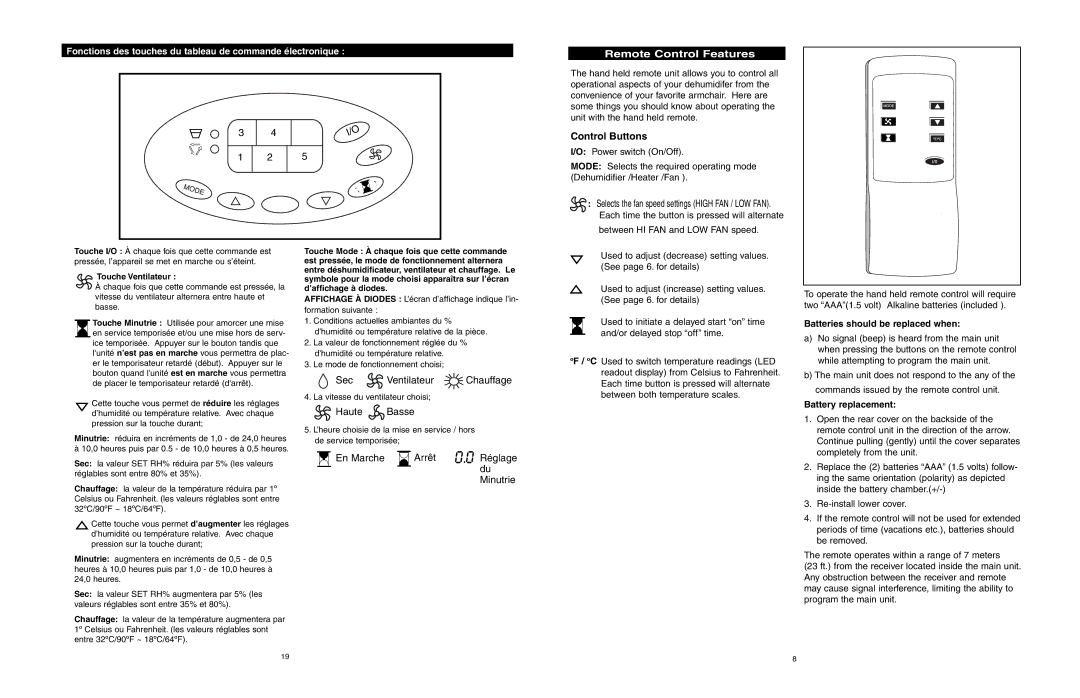 Danby ADR556RH Remote Control Features, Batteries should be replaced when, Battery replacement, Touche Ventilateur 