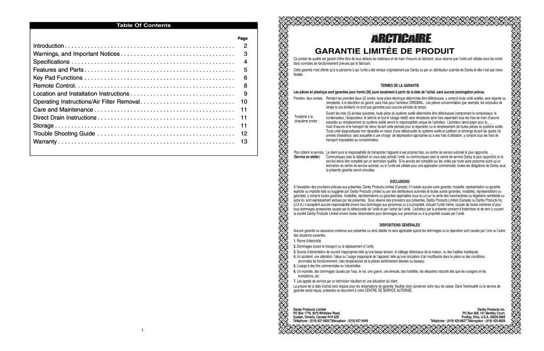 Danby ADR556RH owner manual Garantie Limitée De Produit, Table Of Contents 