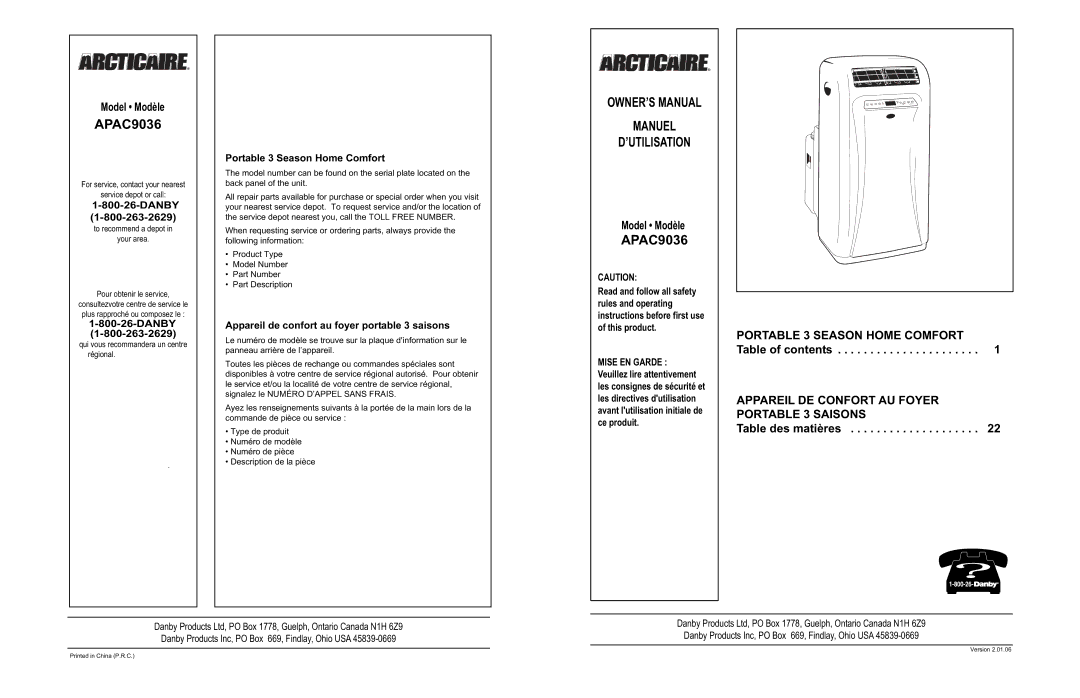 Danby APAC9036 owner manual Portable 3 Season Home Comfort Table of contents, Table des matières 