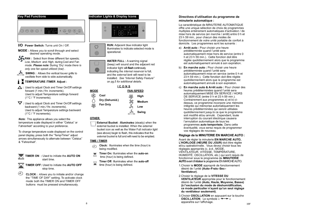 Danby APAC9036 owner manual Key Pad Functions, Indicator Lights & Display Icons, Réglage de la Minuterie EN Marche Auto 