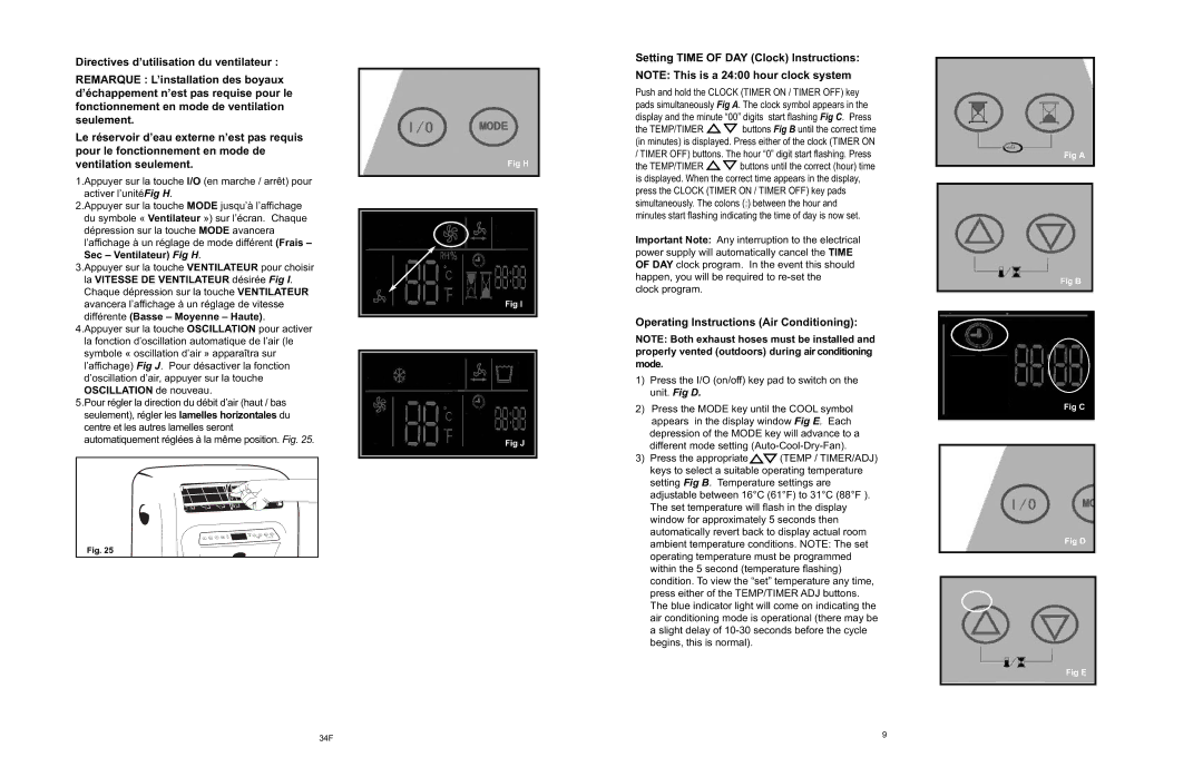 Danby APAC9036 owner manual Setting Time of DAY Clock Instructions, Operating Instructions Air Conditioning, Clock program 