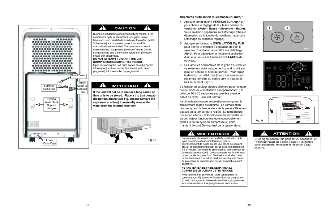 Danby APAC9036 owner manual Directives d’utilisation du climatiseur suite, Hangers Lower Drain Caps 