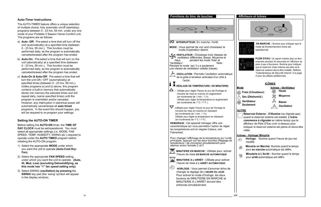 Danby APAC9036 owner manual Auto-Timer Instructions, Setting the AUTO-ON Timer, Fonctions du bloc de touches, Fan, Autre 