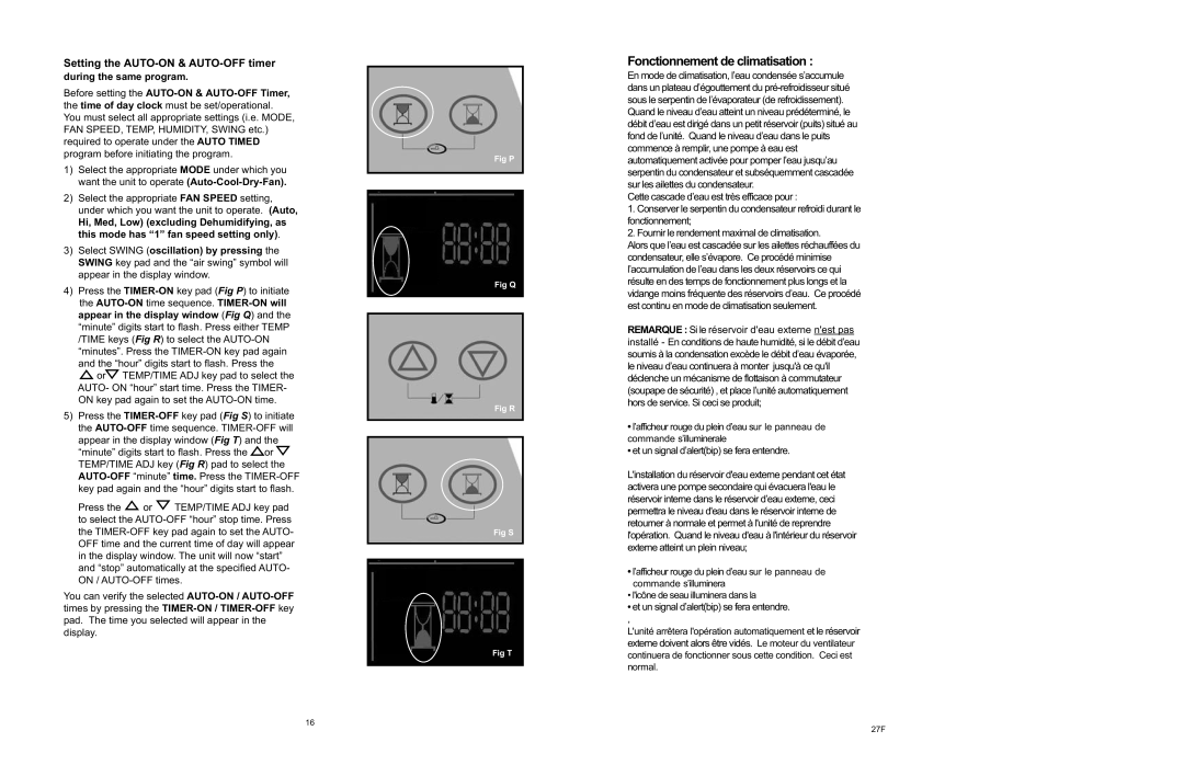 Danby APAC9036 owner manual Fonctionnement de climatisation, Setting the AUTO-ON & AUTO-OFF timer 