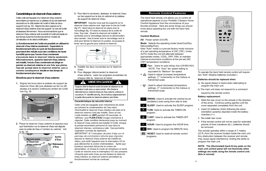 Danby APAC9036 Remote Control Features, Caractéristiquederéservoird’eauexterne, Directives pour le réservoir d’eau externe 