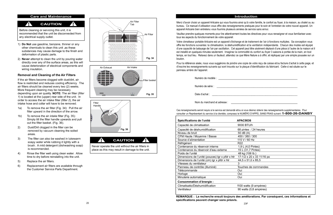 Danby owner manual Care and Maintenance, Removal and Cleaning of the Air Filters, Spécifications de l’unité APAC9036 