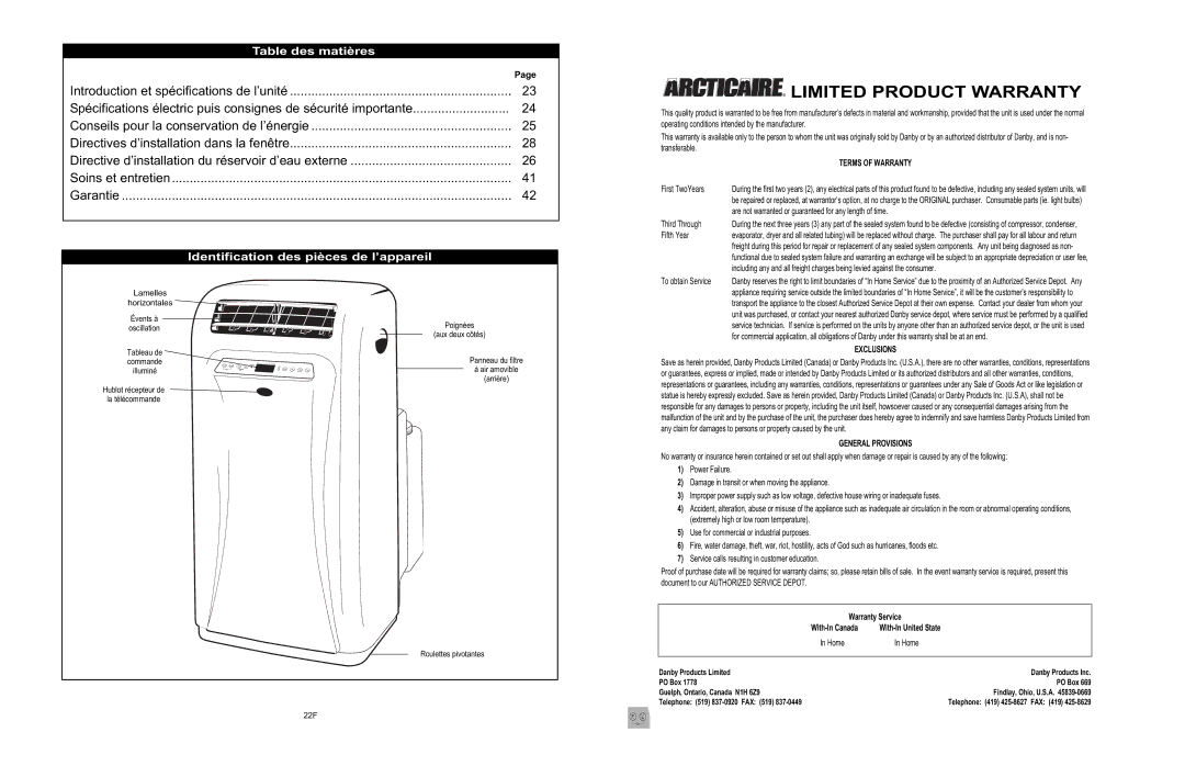 Danby APAC9036 owner manual Table des matières, Identification des pièces de l’appareil 