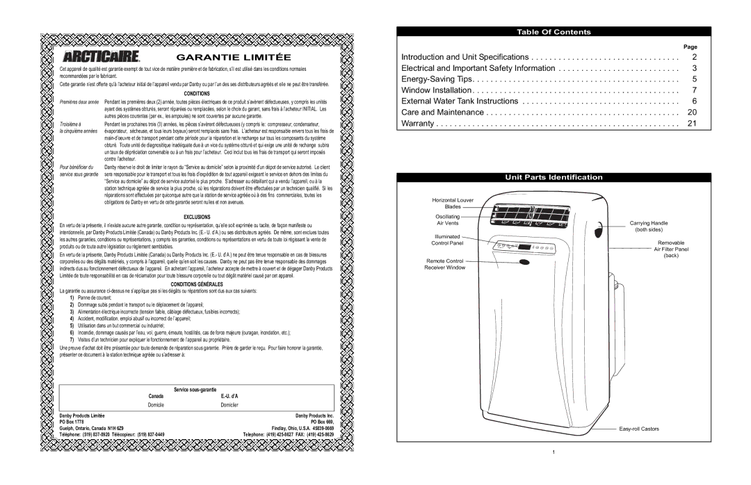 Danby APAC9036 owner manual Table Of Contents, Unit Parts Identification 