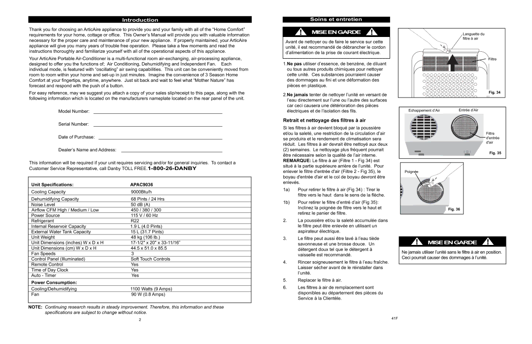 Danby Introduction, Soins et entretien, Retrait et nettoyage des filtres à air, Unit Specifications APAC9036 