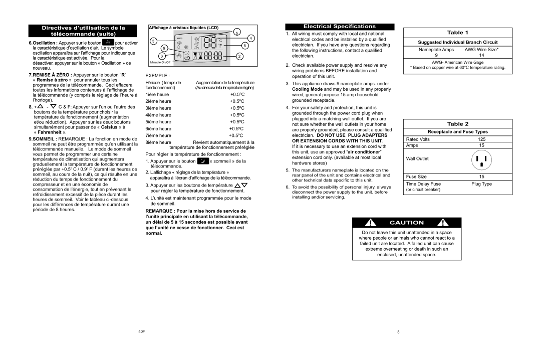 Danby APAC9036 owner manual Directives d’utilisation de la Télécommande suite, Electrical Specifications, « Fahrenheit » 