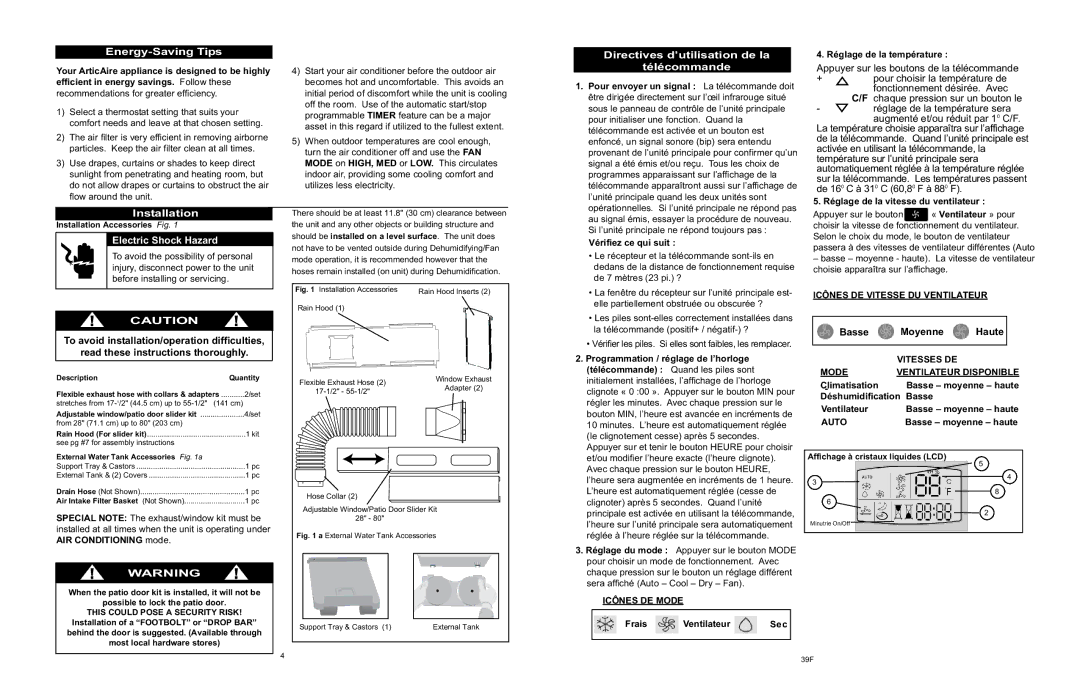 Danby APAC9036 Energy-Saving Tips, Directives d’utilisation de la Télécommande, Installation, Electric Shock Hazard 