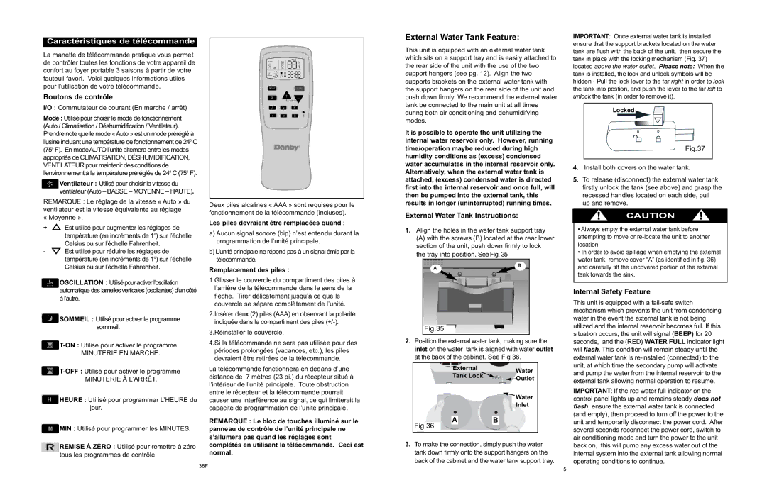 Danby APAC9036 Caractéristiques de télécommande, External Water Tank Feature, Boutons de contrôle, Internal Safety Feature 