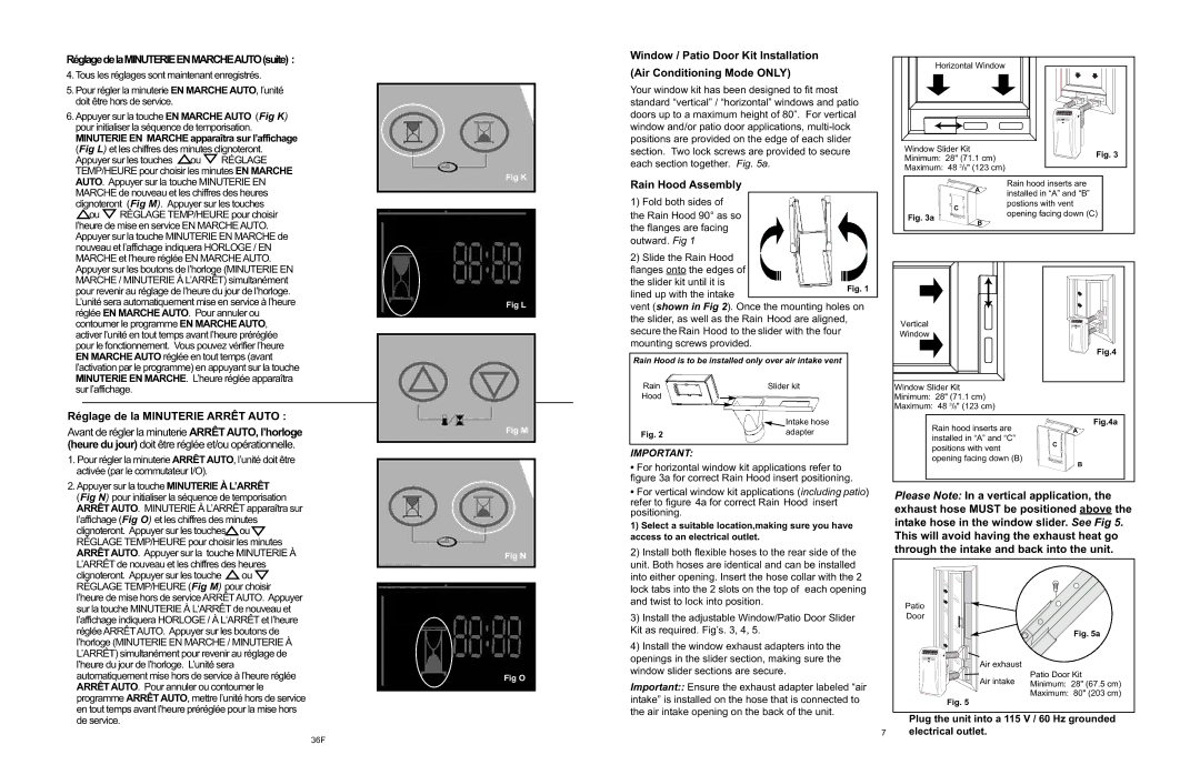 Danby APAC9036 owner manual RéglagedelaMINUTERIEENMARCHEAUTOsuite, Réglage de la Minuterie Arrêt Auto, Rain Hood Assembly 