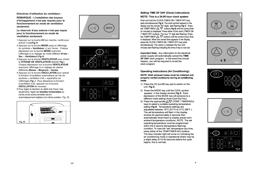 Danby APAC9036 owner manual Directives d’utilisation du ventilateur, Setting TIME OF DAY Clock Instructions 