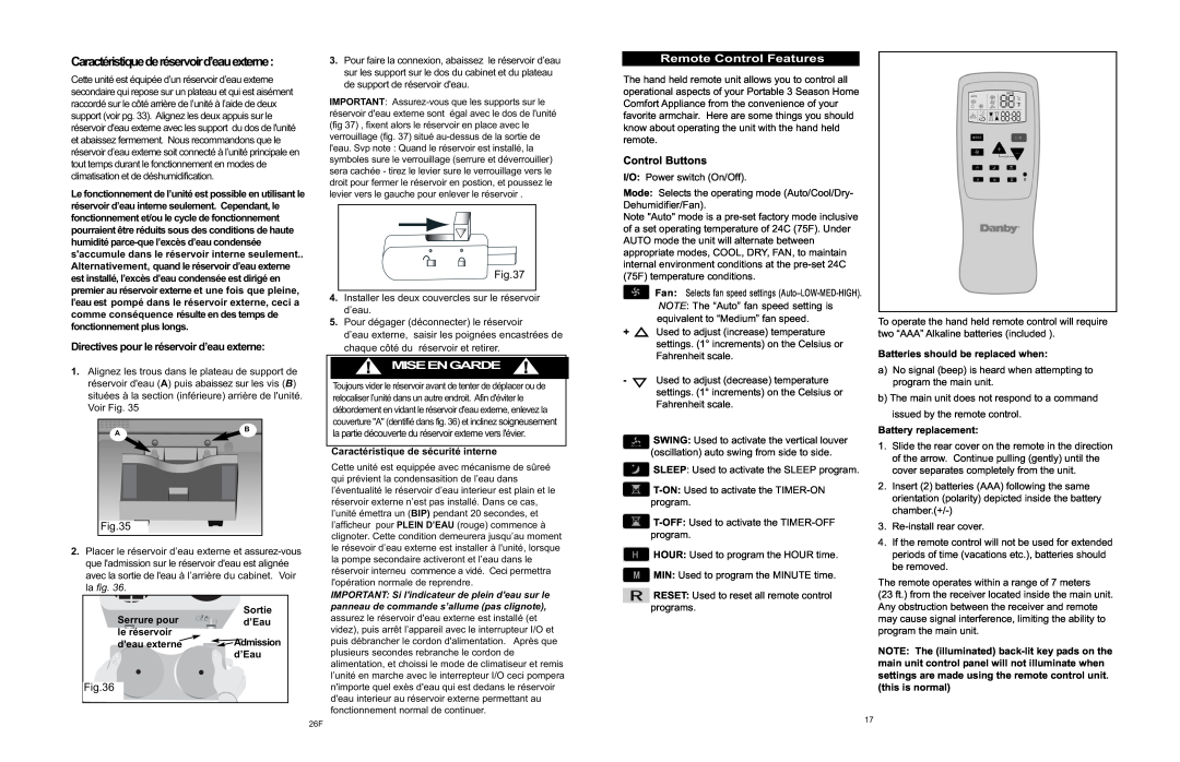 Danby APAC9036 Remote Control Features, Miseengarde, Directives pour le réservoir d’eau externe, Control Buttons, d’Eau 