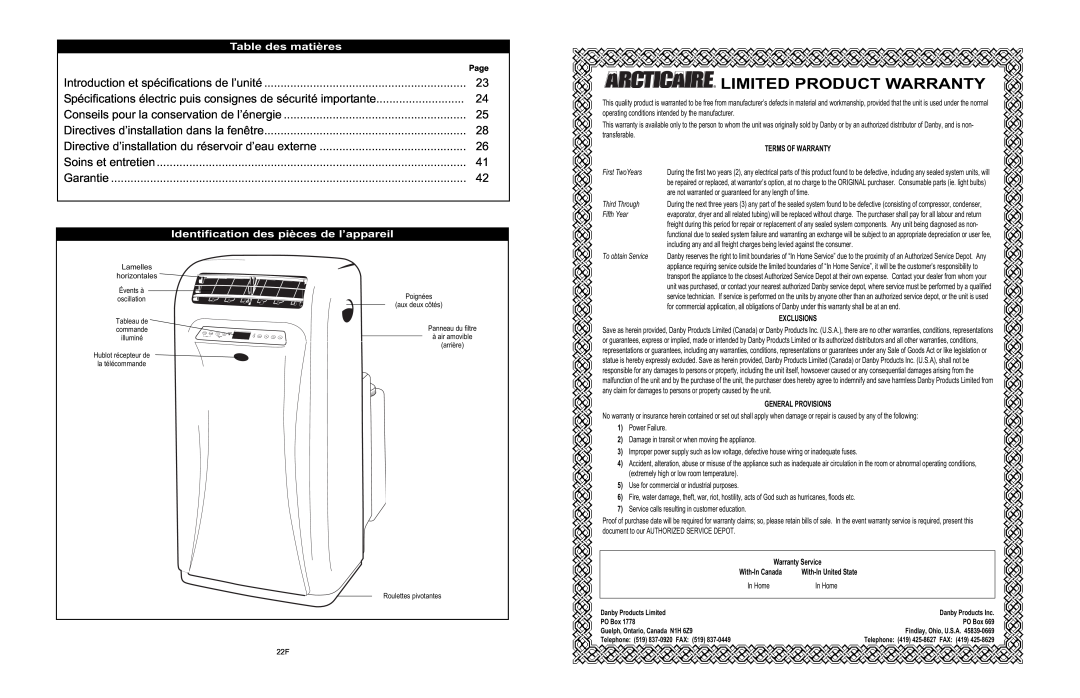 Danby APAC9036 Table des matières, Identification des pièces de l’appareil, Limited Product Warranty, Soins et entretien 