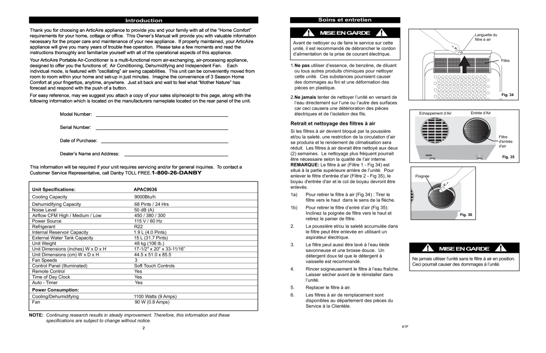 Danby APAC9036 Miseengarde, Introduction, Soins et entretien, Retrait et nettoyage des filtres à air, Unit Specifications 