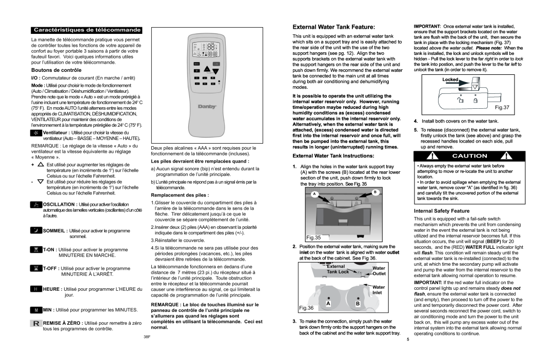 Danby APAC9036 owner manual Caractéristiques de télécommande, Boutons de contrôle, External Water Tank Instructions 