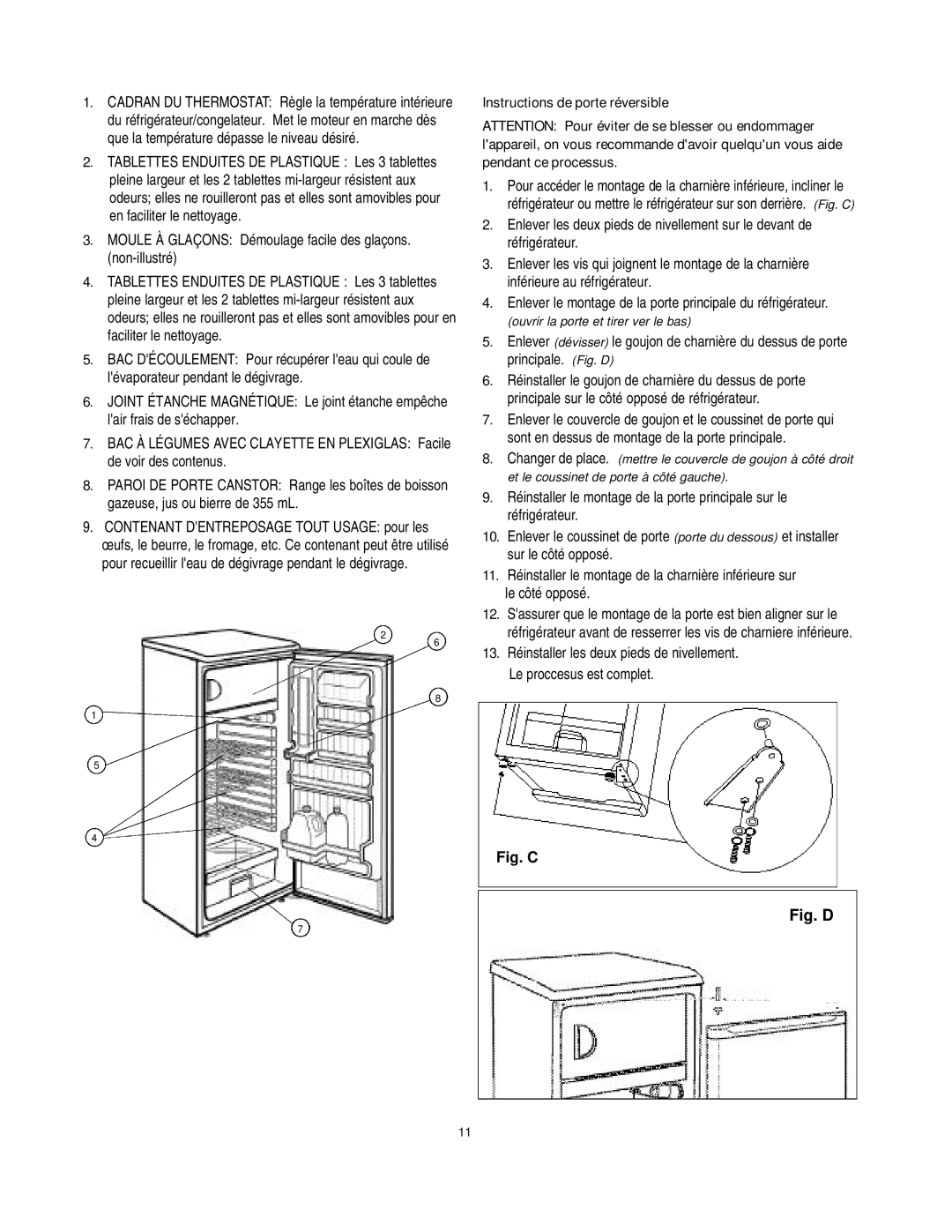 Danby D1052W manual Instructions de porte réversible, Fig. C 