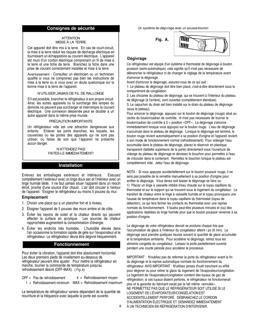 Danby D1052W Consignes de sécurité, Fonctionnement, Emplacement, Choisir une place qui a un plancher fort et à niveau 