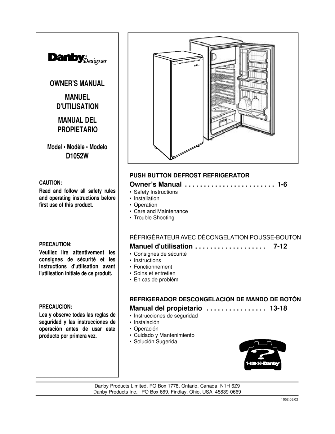 Danby D1052W manual Manuel Dutilisation Manual DEL Propietario 