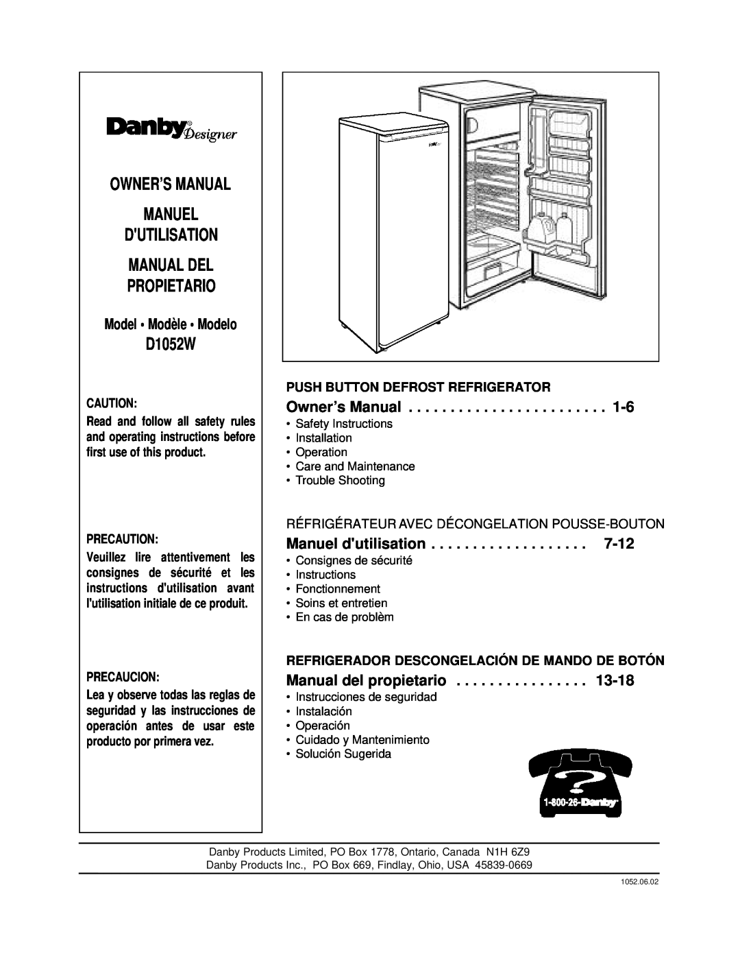 Danby D1052W manual Owner’S Manual Manuel Dutilisation Manual Del, Propietario 