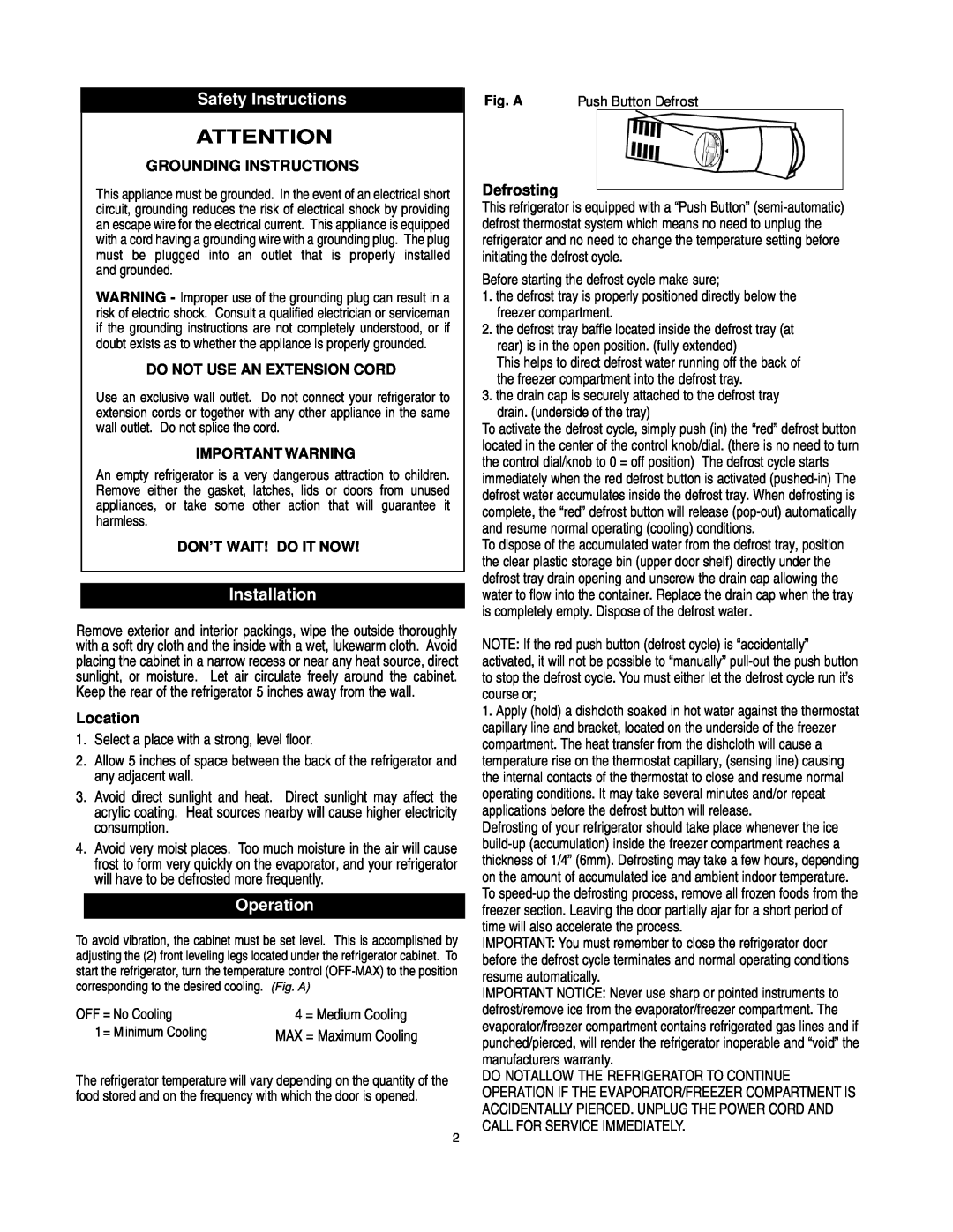 Danby D1052W manual Safety Instructions, Installation, Operation, Grounding Instructions, Location 