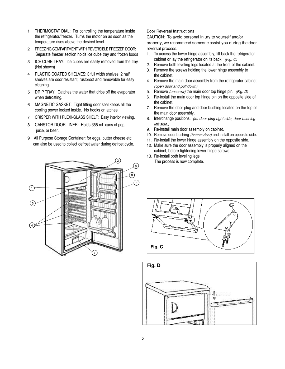 Danby D1052W manual Fig. D, Door Reversal Instructions, Fig. C 