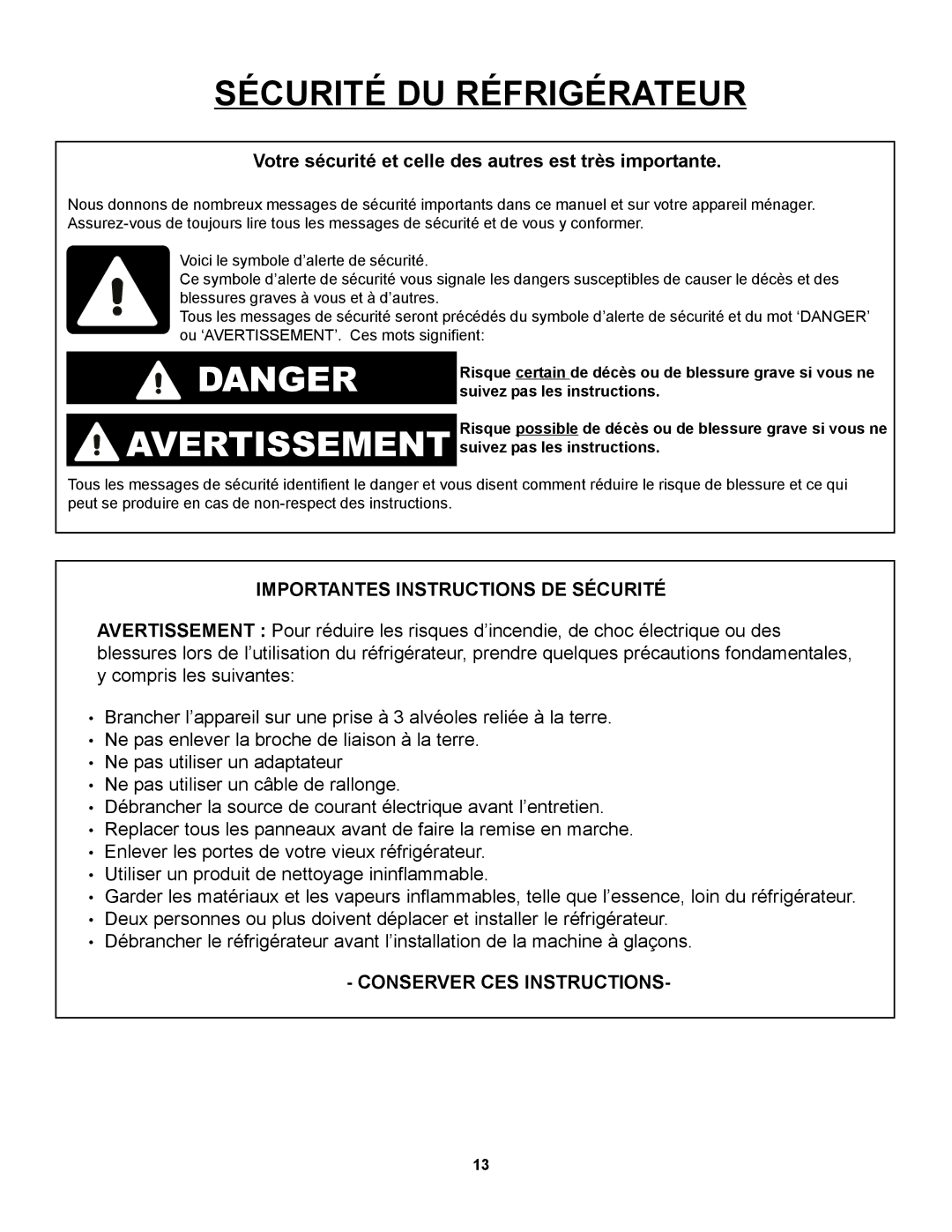 Danby D1866WE manual Sécurité DU Réfrigérateur, Votre sécurité et celle des autres est très importante 